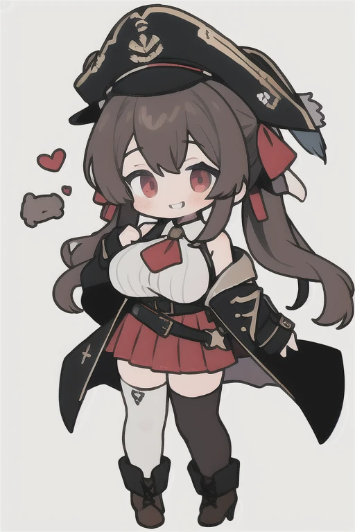 1girl, solo, virtual youtuber, houshou marine, thighhighs, hat, eyepatch, black hair, twintails, breasts, skirt, red eyes, pirate hat, white background, smile, sleeves past fingers, full body, high heels, long hair, looking at viewer, simple background, coat, red skirt, sleeves past wrists, pleated skirt, boots, belt, miniskirt, off shoulder, black coat, ribbon, bicorne, massive breasts, sleeveless, high heel boots, brown footwear, jewelry, arrow through heart, see-through, black thighhighs, black headwear, hair ribbon, epaulettes, bangs, leotard, ascot, lace-trimmed legwear, brown belt, pirate, red ribbon, see-through leotard, blush, grin, gold trim, bare shoulders, jacket, standing, leotard under clothes, brown thighhighs, leather boots, lace trim, zettai ryouiki 