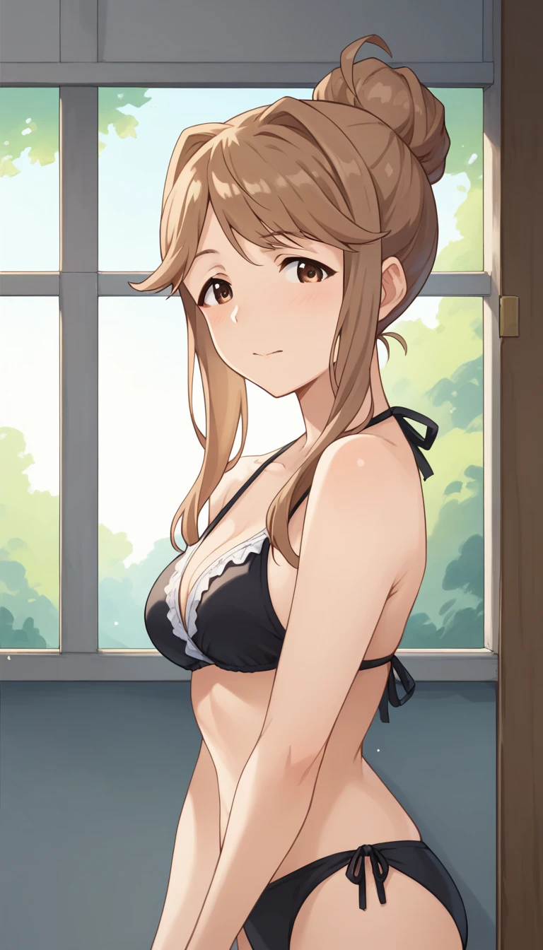  score_9,  score_8_up,  score_7_up, , evaluation_safe, BREAK tenkubashi tomoka ,  1 girl, Brown Hair,  Brown Eyes , single Hair Bun, Hair Bun, Long Hair,  side lock, Dutch Corner,bikini,,throw,Black Swimsuit,coastal