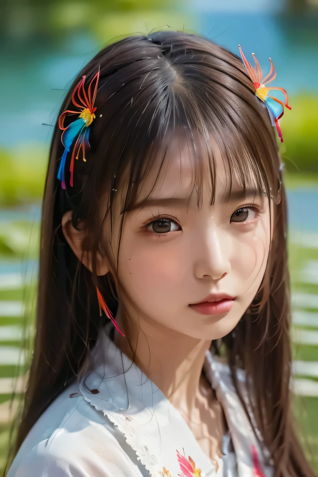 (8k,  RAW Photos:1.2),Best Quality,  ultra high resolution,Dramatic angle,( The fine colored splashes of water were flickering), (Illustration),((( 1 girl))),(Long Hair),(rain:0.9),(Hair accessories:1.4), An ancient palace is next to the girl ,Chinese clothes,(Focus), color inkwash paint,(Color splashes), colorful  splashing,((( colorful ))),(sketch:0.8), masterpiece,Best Quality, Beautiful painting,Very detailed,( Noise Reduction :0.6),[ detailed glossy skin ],((Ink Refraction)), (beautiful detailed sky ),moon,Very, Details,(masterpiece, Best Quality, Extremely detailed CG unity 8k wallpaper,masterpiece, Best Quality, Super details),(Red spider lily),