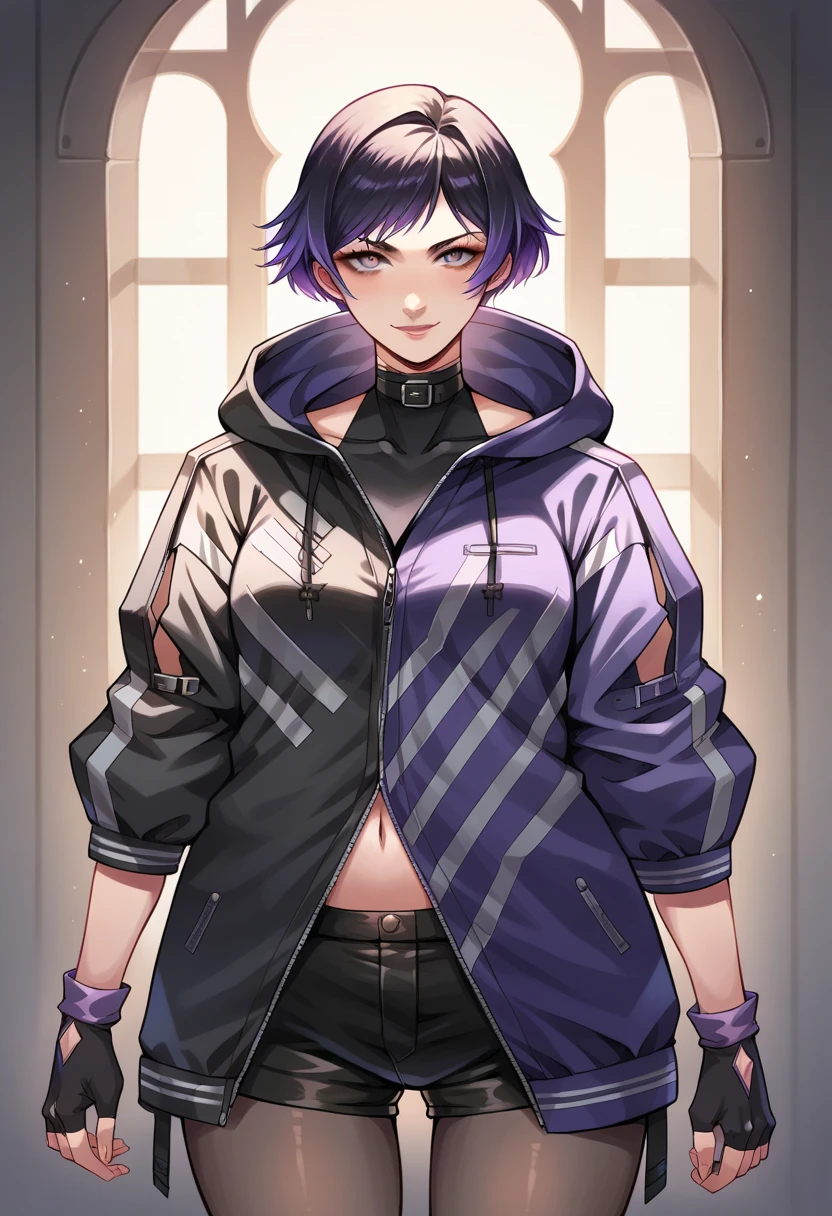 (Score_9,score_8_up, score_7_up, seductive face, seductive expression),reina mishima,1girl,looking at viewer,smile,short hair,black hair,gloves,jacket,purple hair,pantyhose,shorts,hood,fingerless gloves,grey eyes,black shorts, standing with a relaxed,focused expression. She is in a cozy wooden room with warm, soft lighting from lamps in the background, creating a vintage and intimate ambiance. The art style is anime-inspired, with ultra-detailed textures, realistic lighting, high contrast, and intricate shadows that bring depth to the scene, medium breasts, wide hips, source_anime, seductive face, shiny skin  {Highest quality}, uncensored, {so beautiful}, {Very detailed}, {Best illustrations},{uncensored}