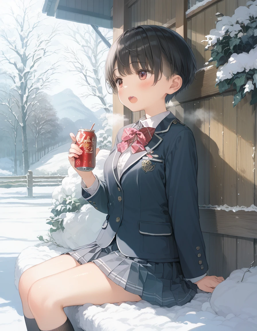 score_9, score_8_up, score_7_up, source_anime, best quality, masterpiece, official art, absurdres, highres, ultra-detailed,waifu2x,  break,1girl, very short hair, pixie cut, flipped hair, beautiful breasts,school uniform, snow, winter, open mouth, (yawn:0.3),  sitting, drink can, hot breath, wind, outdoors, breasts focus, break,(clear line illustration:1.2), super detailed skin,shiny skin,very high resolution, very aesthetic, Best sexual lighting powered by famous artist, 8k, 16k, cute picture,beauty illustration,photoshop_(medium),,best anime 8k konachan wallpaper, pixiv contest winner,uncensored,