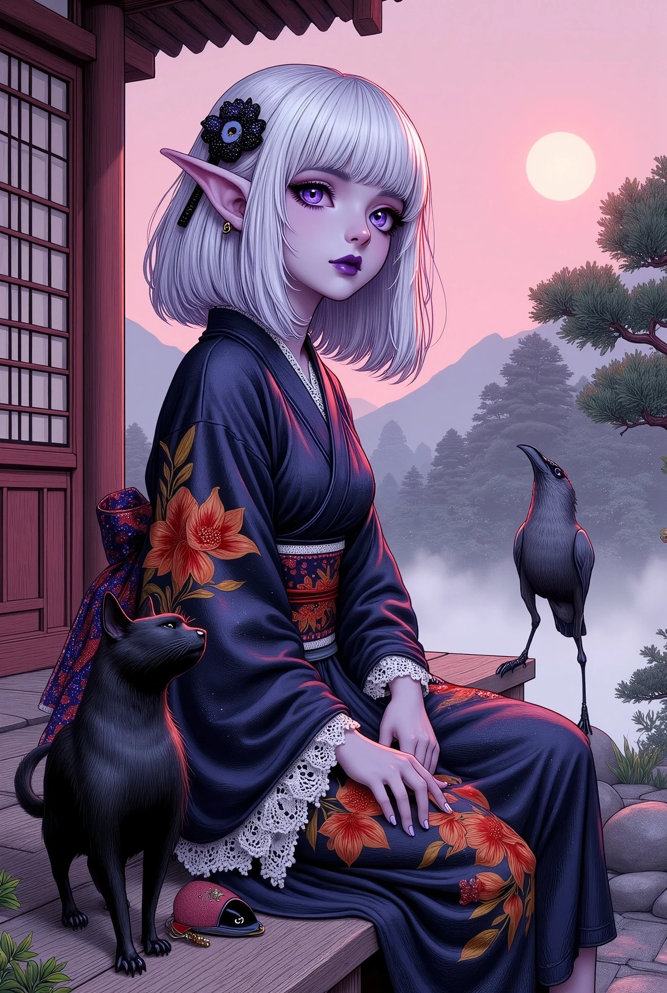 (Ultra-detailed face, Looking away, Fantasy Illustration with Gothic, Rich tone colors.), BREAK 
(Site of a Japanese shrine. The sky is tinted pale pink by the morning sun. A dark elf maiden with a melancholy expression sits on a wooden bench, a shrine amulet tied to a string as a charm for her bag. At the end of the bench on which she sits, a three-legged raven and a black cat stare at her with glassy black eyes. Sacred atmosphere.), BREAK 
(The dark elf priestess wears a hair ornament with a shooting star motif and a ribbon tie made of pure white lace. She wears a Japanese kimono of dark blue transparent fabric organdie with red, orange, and yellow lily flower patterns woven into it, and a sash with an image of a galaxy in the night sky. She wears black geta "wooden clogs" with a red nose strap.), BREAK 
(A dark elf maiden of a young age with glossy pure white hair and eyebrows, blunt bangs, gently wavy shoulder-length hair, small pink lips, dark purple skin, lavender eyes, and thick dark eyeliner around her eyes.), BREAK 
(We are in the precincts of a Japanese shrine in the evening at the time of the encounter. The atmosphere is mysterious, and the landscape appears hazy and distorted in places.)