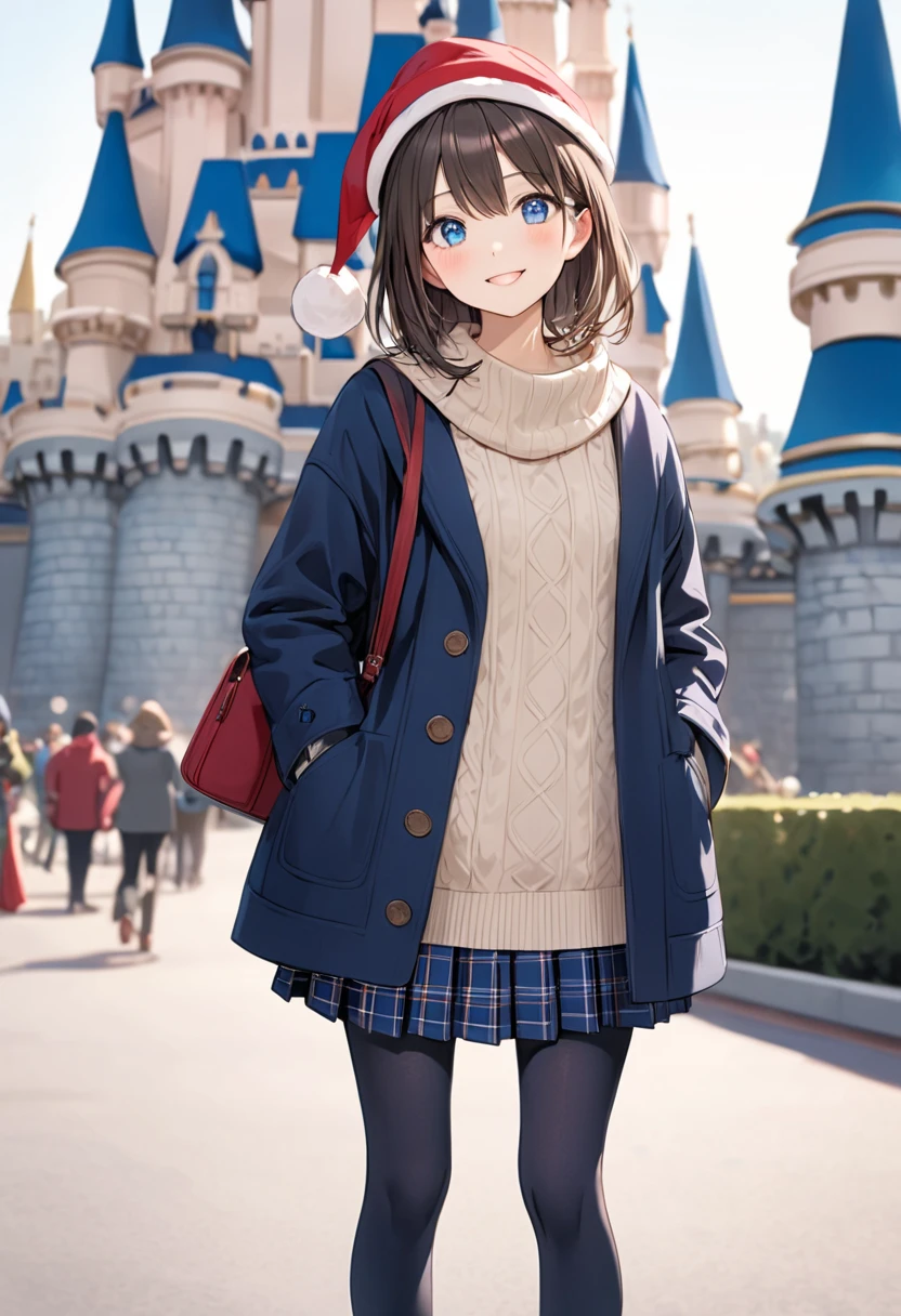 full body, standing, masterpiece, Best Quality, Thin legs,  Beautiful Details , Fine texture, Fine skin,  1 girl,  Expressive Blue Eyes ,  small breasts,  Brown Hair,  medium hair, smile, blush, Wear a Santa hat、 casual, Wool coat,navy blue knit sweater , （ red muffler）,  navy blue plaid pleated miniskirt, (navy blue pantyhose ),  black short boots,   Disneyland 、In front of Cinderella Castle、 blurry background, 
