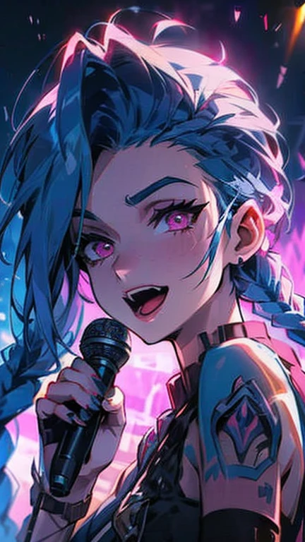 Jinx from league of legends, braids, twin_braids, asymmetrical bangs, long hair, blue hair, pink eyes, cloud tattoo. She is holding a microphone, singing, concert, scenery, a photorealistic, 8K, ultra-detailed, best quality, super fine illustration, detailed light, realistic lighting