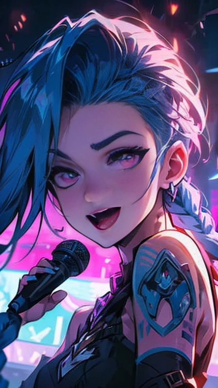 Jinx from league of legends, braids, twin_braids, asymmetrical bangs, long hair, blue hair, pink eyes, cloud tattoo. She is holding a microphone, singing, concert, scenery, a photorealistic, 8K, ultra-detailed, best quality, super fine illustration, detailed light, realistic lighting