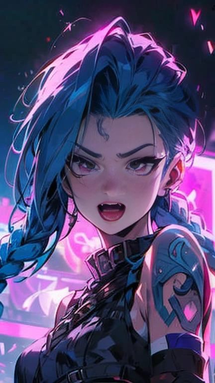 Jinx from league of legends, braids, twin_braids, asymmetrical bangs, long hair, blue hair, pink eyes, cloud tattoo. She is holding a microphone, singing, concert, scenery, a photorealistic, 8K, ultra-detailed, best quality, super fine illustration, detailed light, realistic lighting