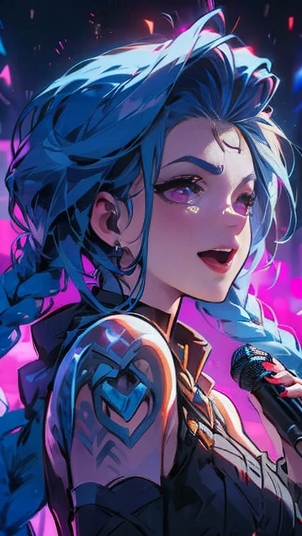 Jinx from league of legends, braids, twin_braids, asymmetrical bangs, long hair, blue hair, pink eyes, cloud tattoo. She is holding a microphone, singing, concert, scenery, a photorealistic, 8K, ultra-detailed, best quality, super fine illustration, detailed light, realistic lighting