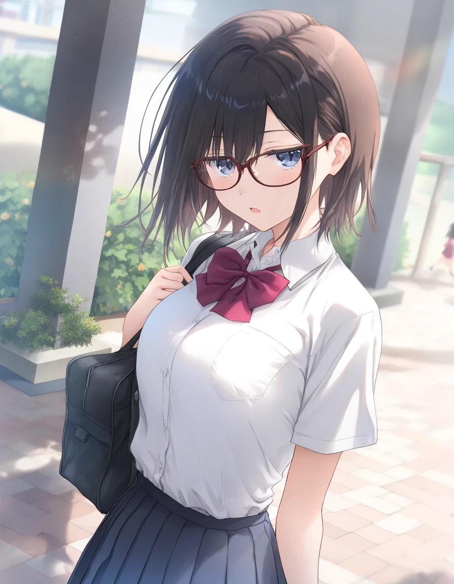 1girl, little female, school uniform, short hair, beautiful breasts, glasses, jitome, open mouth, outdoors,wind, game CG break,((artist:shida_kazuhiro)),(artist:mitsumi_misato),(artist:fujiyama),,(masterpiece), (best quality), (ultra-detailed), very aesthetic, newest, beauty illustration,super detailed skin,  (masterpiece), (best quality), (ultra-detailed), very aesthetic, ,hi res,absurd_res,2023,2024,(shaded),digital media (artwork), realistic lighting, 4k, 8k,