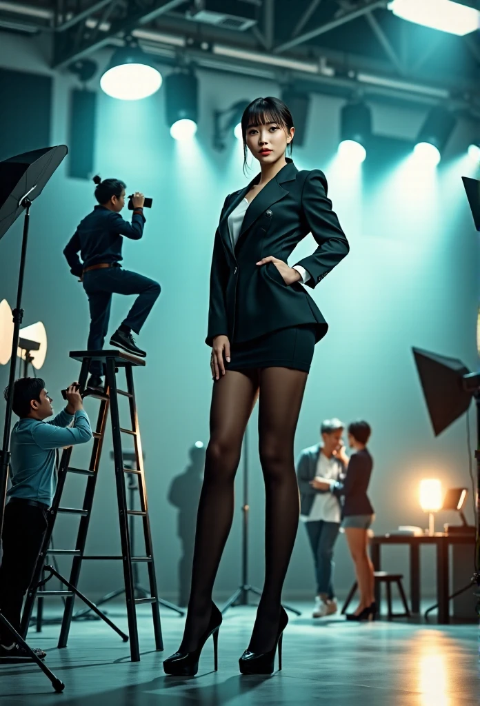 wide-angle photoshoot scene, a giant Chinese female celebrity striking more sensual and seductive poses in a professional studio setup, towering over the set, wearing an OL (office lady) outfit with high heels, her perfect facial features glowing under the studio lights, slim body with long, black-stocking-clad legs elegantly positioned -- her pose exudes confidence and sensuality, with one leg slightly bent, hips accentuated, and her hand resting seductively on her waist or lightly touching her face -- numerous tiny photographers, lighting technicians, and crew members scattered around the studio, some standing on tall ladders or suspended platforms to apply makeup near the giantess's face -- a makeup artist is on an elevated platform, carefully applying makeup near her seductive expression, while others adjust her hair and outfit -- dramatic contrast in scale, with the giantess dwang everything around her, her pose dominating the scene -- professional lighting setups, cameras, and equipment scattered across the studio, adding to the luxurious, high-fashion atmosphere -- detailed, realistic lighting and shadows, emphasizing the scale difference and the glamorous, sexy vibe -- the giantess's confidence and allure are the central focus, with tiny crew members swarming around her, attending to her makeup, hair, and styling -- cinematic composition, wide-angle perspective with more environment visible, high-fashion, sleek, modern, and seductive -- sharp, photorealistic, and immersive visual