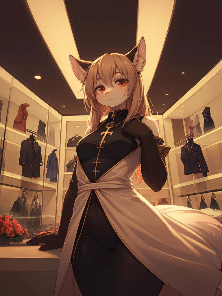 A female fox with very wide hips, huge thighs, huge breasts, skinny, big ass, Pinkish red body, white belly, Pinkish red long hair, red beautiful eyes, and white sclera, Huge pinkish red fluffy fox tail, Putting on a yellow and black hazmat suit,
