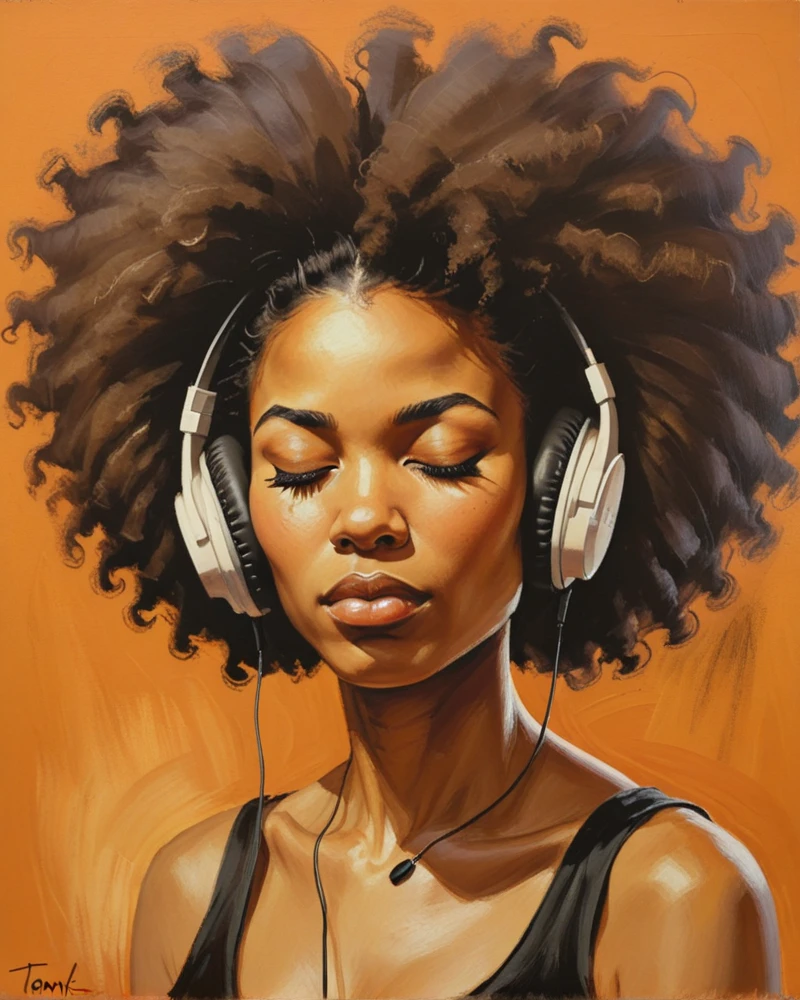  Half-length portrait of beautiful black woman wearing afro hairstyle,  half-closed eyes ,  full lips , tom pastel,  oil painting, headphones, neckline, orange and brown background , artistic, 