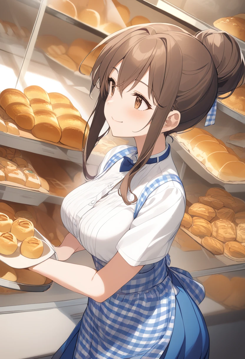  1 girl,  medium breasts,
Kobeya uniform, blue skirt, Blue Necklace, gingham apron, Bakery,
from side,  cinematic angles, Looking Ahead, smile,   closed mouth,
Best Quality,medium quality,, Brown Hair,  Brown Eyes , single Hair Bun, Hair Bun, Long Hair,  side lock,