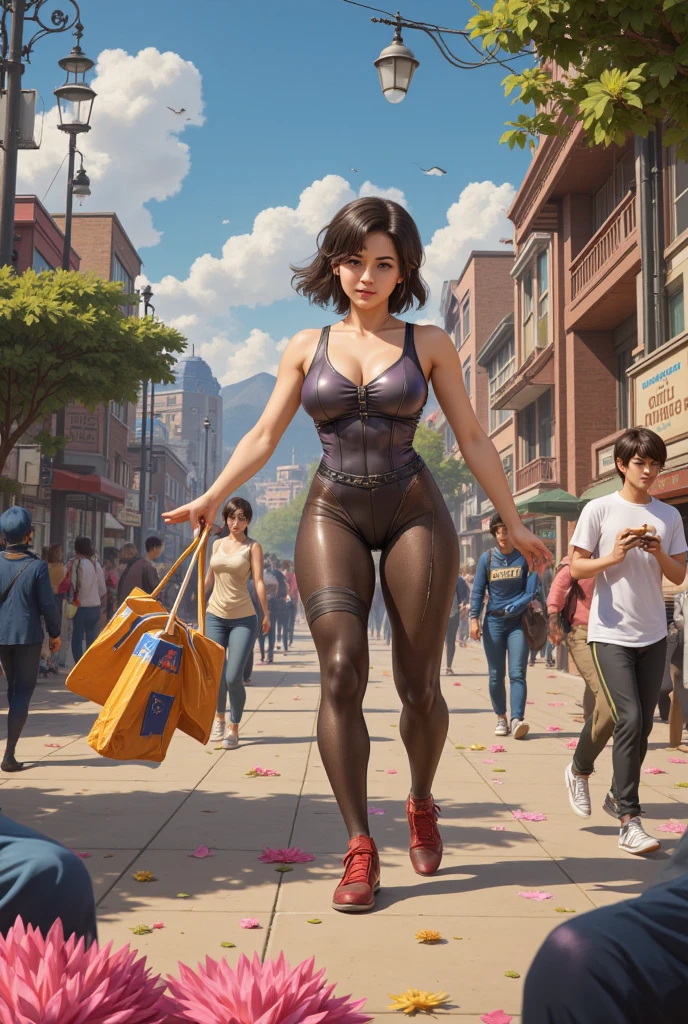 sharp focus, 8k, highres, high quality, high details, anatomically correct, masterpiece, ccurate, Delicate delicate girl [Kiernan Shipka], 21 years old, athletic body, cheerful eyes, thick eyebrows, flushed cheeks, (perfect abs), (small tits), (wide hips), (perfect big ass), full body, wearing a very short revealing dress, (perfect legs), looking at the camera, walking down a crowded street of sexy women,  Happy, Grapffiti