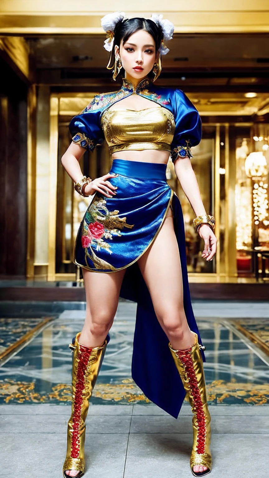 A beautiful, athletic woman inspired by Chun-Li from Street Fighter in a highly seductive pose. She stands confidently, blending elements of traditional Chinese fashion with modern high-fashion influences. Her outfit combines Chun-Li’s iconic qipao, modified with luxurious silks and embroidered with intricate gold and floral patterns, mixed with elements from global couture—like sleek leather pants, a high-slit skirt, or bold, over-the-knee boots. Her spiked bracelets are reimagined as gold cuffs, and she wears layered accessories, such as jeweled chokers, and dangling earrings. Her hair is styled in buns with elegant hairpins, and her expression exudes strength and allure. The background is an elegant, dimly lit cityscape, adding a dramatic mood, with vibrant colors and shadow highlights.