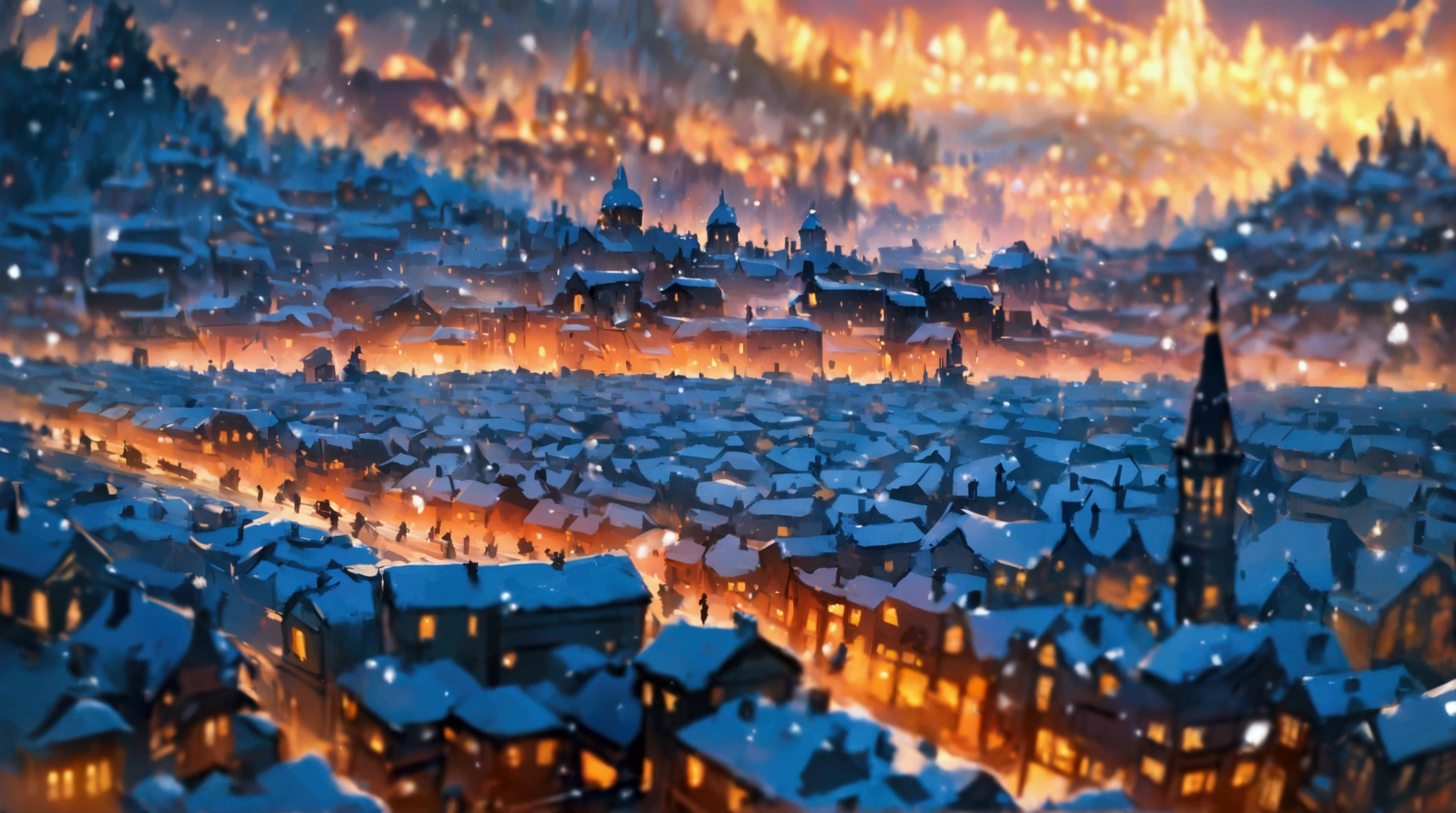 （masterpiece、high quality、High resolution、detailed、８k), A city in the snow, a world of pure white, a world of sadness, beautiful snow dancing silently, viewed from afar, a blurry snow world (blur: 1.3), illumination shining like diamond dust,