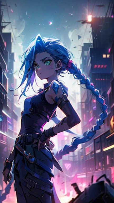 A close-up shot of Jinx from League of legends, standing defiantly with her 3D maneuver gear at the ready. Her piercing green eyes gleam in the dim light of a ruined cityscape, as she surveys the desolate landscape. A faint mist hangs in the air, casting an eerie glow over the scene.,AOF