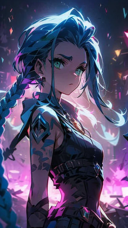 A close-up shot of Jinx from League of legends, standing defiantly with her 3D maneuver gear at the ready. Her piercing green eyes gleam in the dim light of a ruined cityscape, as she surveys the desolate landscape. A faint mist hangs in the air, casting an eerie glow over the scene.,AOF