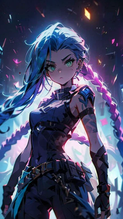 A close-up shot of Jinx from League of legends, standing defiantly with her 3D maneuver gear at the ready. Her piercing green eyes gleam in the dim light of a ruined cityscape, as she surveys the desolate landscape. A faint mist hangs in the air, casting an eerie glow over the scene.,AOF