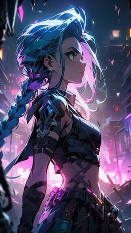 A close-up shot of Jinx from League of legends, standing defiantly with her 3D maneuver gear at the ready. Her piercing green eyes gleam in the dim light of a ruined cityscape, as she surveys the desolate landscape. A faint mist hangs in the air, casting an eerie glow over the scene.,AOF