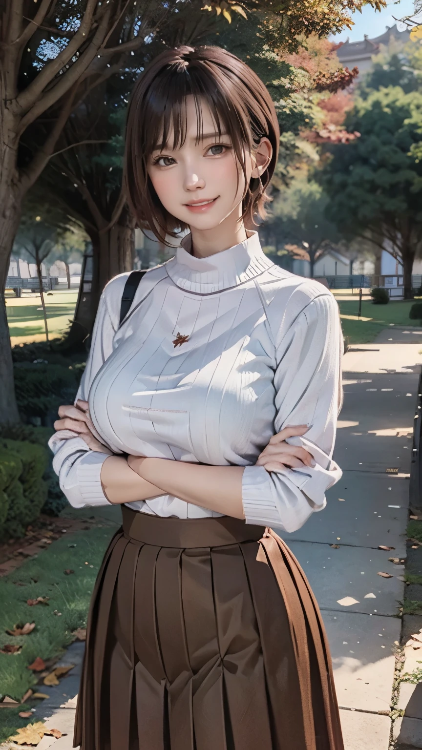 One woman standing,  mature woman , /( Ribbed sweater/) /( red pleated skirt/), /(Brown Hair/) bangs,  Gentle Blushing Smile , ( greatest masterpiece highest quality :1.2)  Delicate Ultra Detailed Illustrations,  big breasts at the temple, Lower your arms BREAK /(Outdoors in the park/) Brick Road, Autumn leaves on a tree々,  detailed background ,choker,