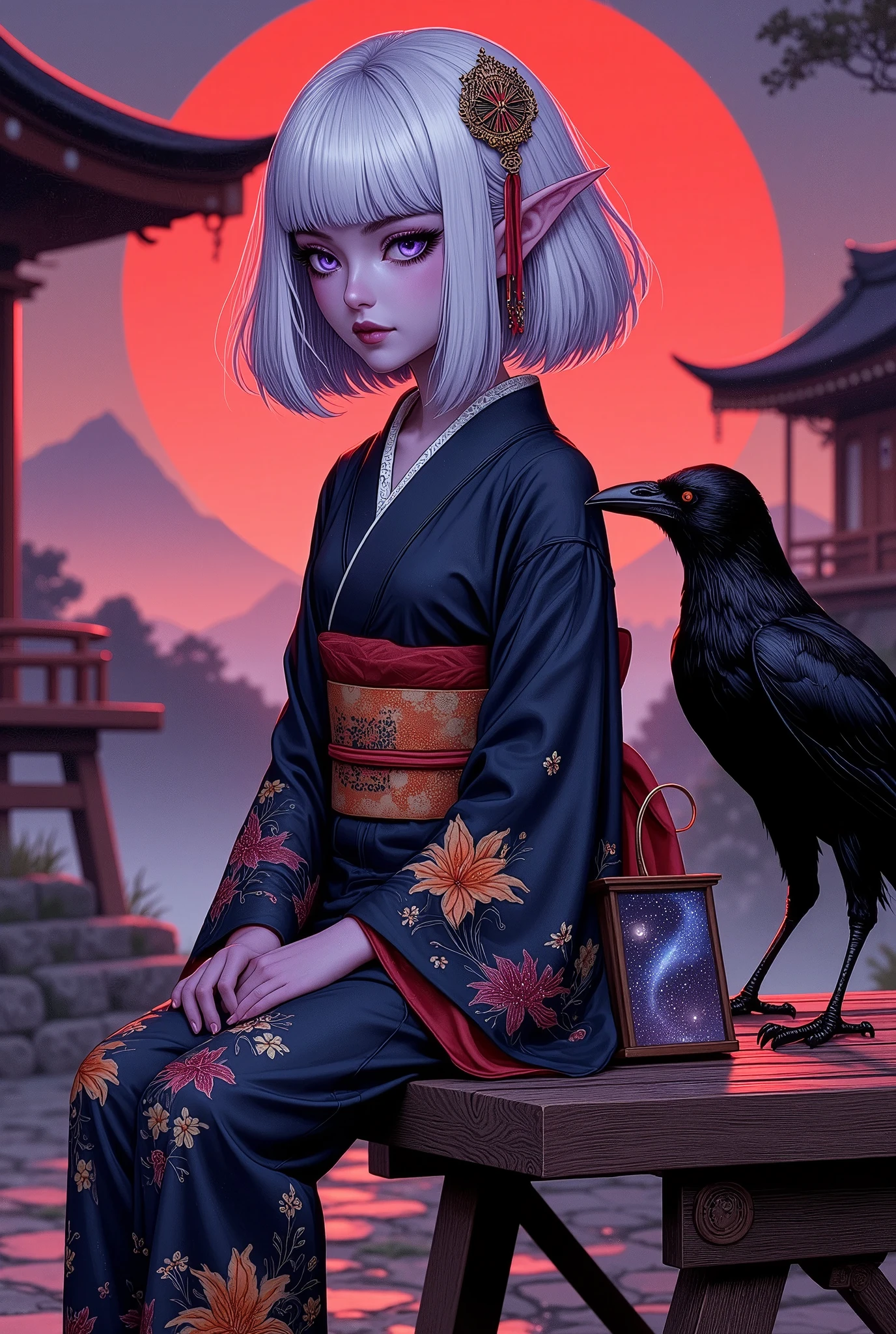 (Ultra-detailed face, Looking away, Fantasy Illustration with Gothic, Rich tone colors.), BREAK 
(Site of a Japanese shrine. The sky is tinted akane-red by the setting sun. A dark elf maiden with a melancholy expression sits on a wooden bench, a shrine amulet tied to a string as a charm for her bag. At the end of the bench where she sits, a three legged raven gazes at her with glassy black eyes. Sacred atmosphere.), BREAK 
(The dark elf priestess wears a hair ornament with a shooting star motif and a ribbon tie made of pure white lace. She wears a Japanese kimono of dark blue transparent fabric organdie with red, orange, and yellow lily flower patterns woven into it, and a sash with an image of a galaxy in the night sky. She wears black geta "wooden clogs" with a red nose strap.), BREAK 
(A dark elf maiden of a young age with glossy pure white hair and eyebrows, blunt bangs, gently wavy shoulder-length hair, small pink lips, dark purple skin, lavender eyes, and thick dark eyeliner around her eyes.), BREAK 
(We are in the precincts of a Japanese shrine in the evening at the time of the encounter. The atmosphere is mysterious, and the landscape appears hazy and distorted in places.)