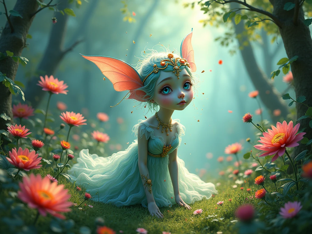 (in the style of Jacek Yerka,  Elizabeth Gadd) close up Humanoid fairy face  looks front , lots of fairies near lake ,  tiny monster and in cute ancient old clothes   , copper long hair wear tule short dress monster swim in lake  , look front and white rabbit on house terrace , lots of white sparkle butterflies , huge waterfall and mountain , old wooden cute house on lake , enchanting, whimsical, mystical, magical, ethereal, wings, forest, moonlight, mist, serenity, fairy lights, bokeh, lens flare, surreal, wood, dusk, bronze, fiber optic, carbon fiber, dawn  dissolve subsurface scattering, ultra hd, 4k, high def, Photorealistic, Hyperrealistic, Hyper detailed, analog style, realistic, masterpiece, best quality, ultra realistic, 8k, Intricate, High Detail, film photography, bright light ,  im forest in lake  ,  transparent sparkle glitter winged fairy shimmering with transparent neon glittering shimmering sparkles  lotus flower in the lake , sparkle stars on sky