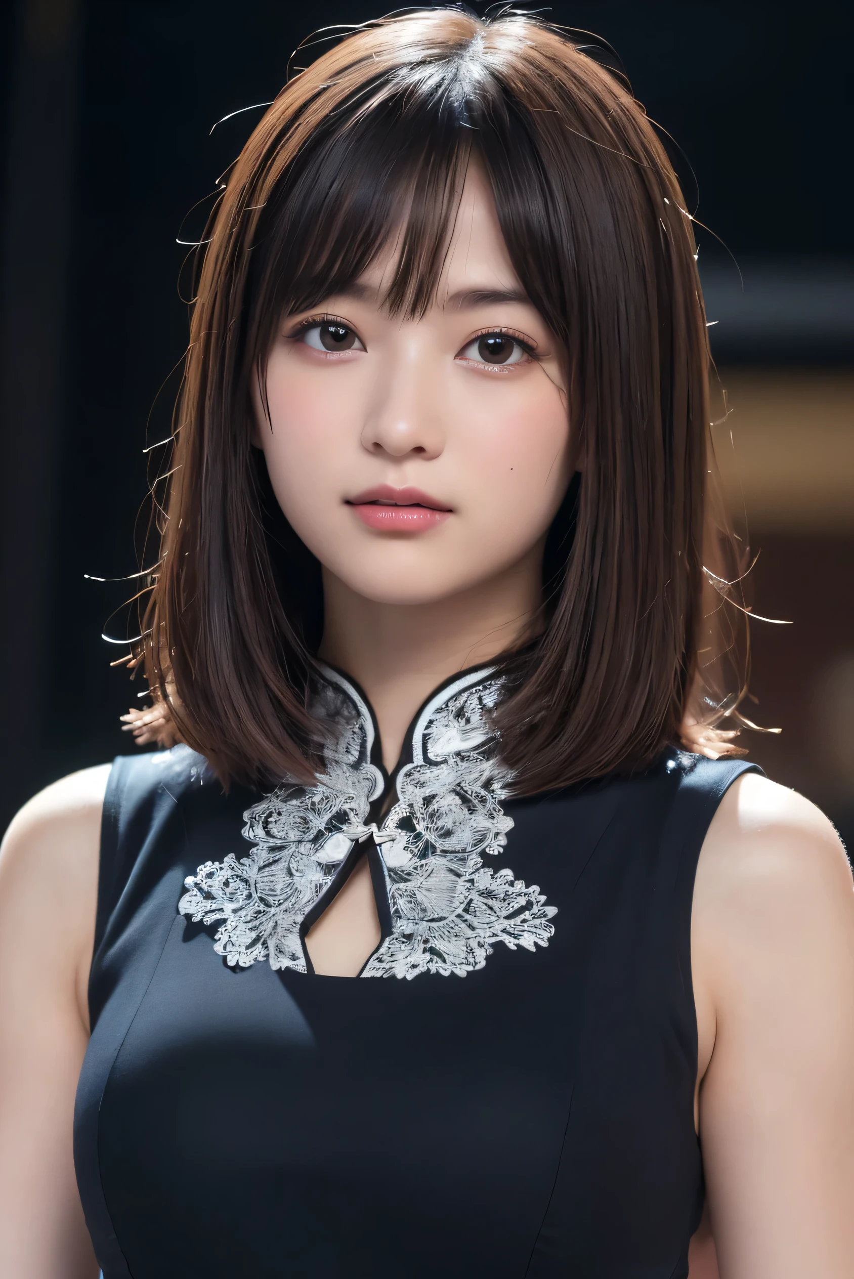 (Sweat:0.7),Black Wedding Dresses,Black short skirt,golden embroidery、Woman,Japanese,Exquisiteface, Beautiful face,Bare shoulders,Shoulders slightly exposed,Translucent skin,Black eyes,Black hair,(Photorealistic:1.4),Realistic details, High resolution,Bokeh,excellent details