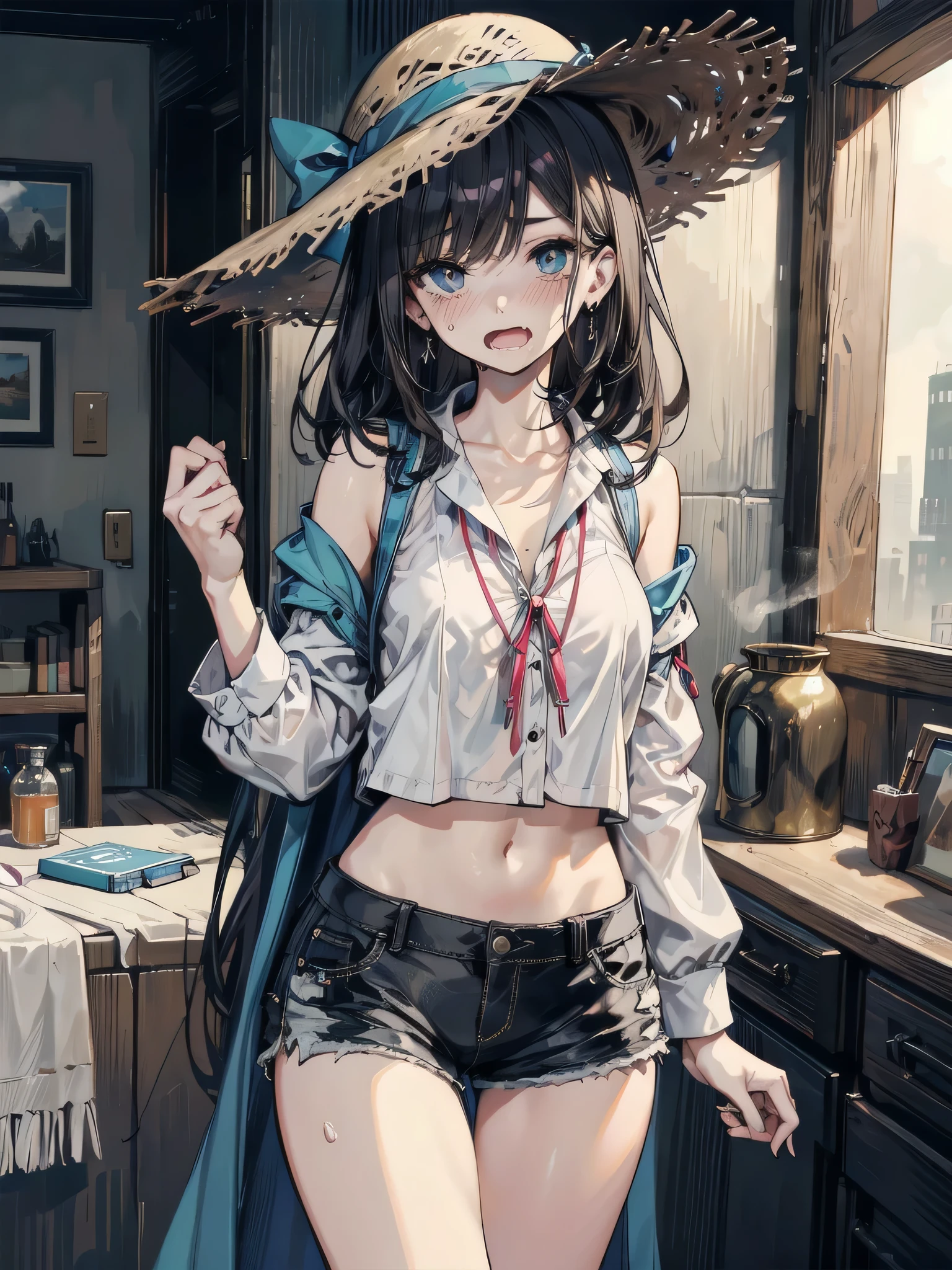 absurdres, RAW photo, extremely delicate and beautiful, masterpiece, Best Quality, ultra high resolution, 32k, hyperrealistic, ultra-detailed, perfect figure, tearful mole, earring, whole body shot, short medium hair, wavy hair, big breast, casual, blouse, white shirt, buttoned shirt, bare shoulders, collarbone, midriff, navel, shorts, straw hat,