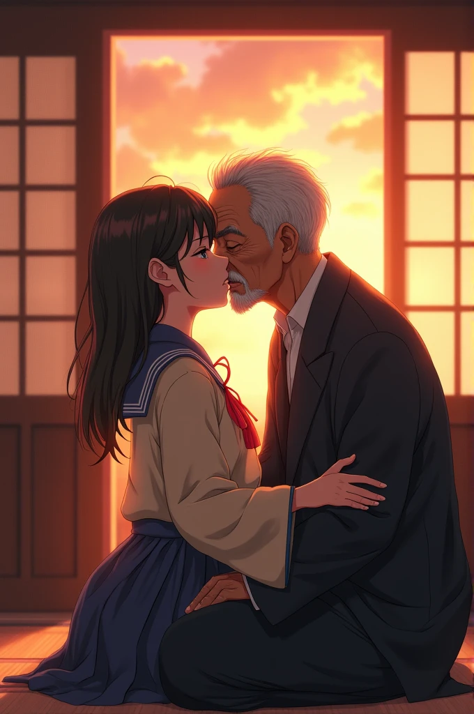 loli prostitute, school uniform, lustful, pressed against the wall, (((kissing with old man))), dirty lane, backlight, night, depth of field, high quality, 4k