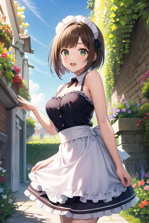 masterpiece, Best Quality,  Hi-Res, Look Ahead,  short hair, tooth, Maid head dress, Maid,  dress, apron, garden,  is standing,  Arm Bras ,  blue sky,