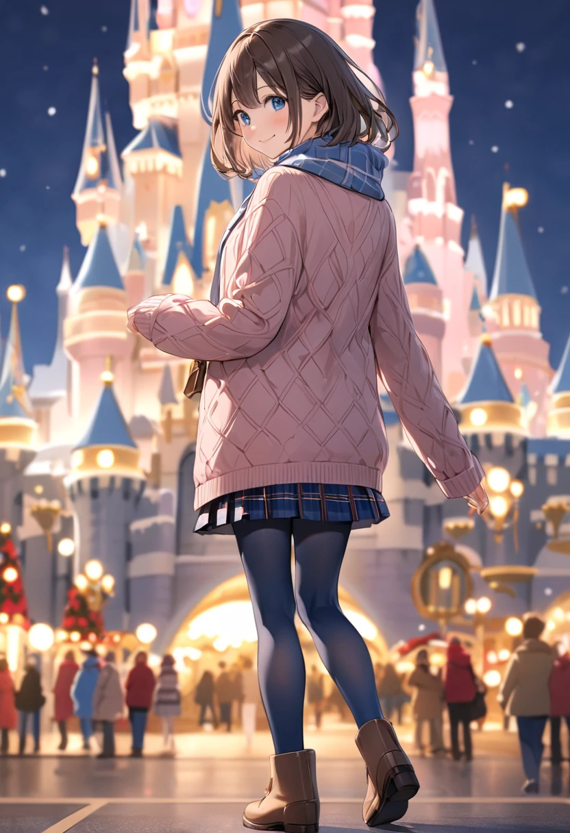 full body, (from behind), standing, masterpiece, Best Quality, Thin legs,  Beautiful Details , Fine texture, Fine skin,  1 girl,  Expressive Blue Eyes ,  small breasts,  Brown Hair,  medium hair,smile, blush,  casual, Wool coat,  pink knitted sweater,  red muffler,  navy blue plaid pleated miniskirt, (navy blue pantyhose ),  Short Boots,   Disneyland 、 Christmas、In front of Cinderella Castle、 blurry background, 
