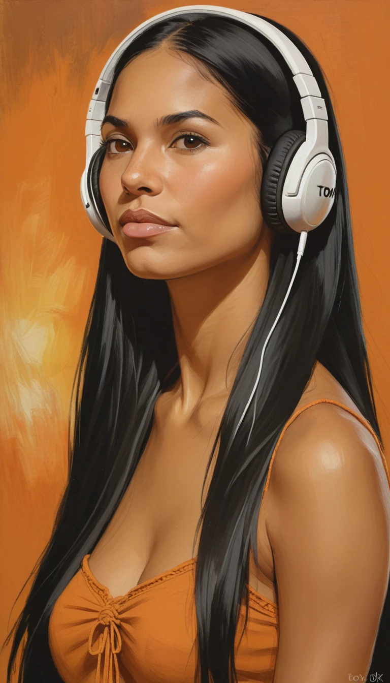 Half-length portrait of beautiful indigenous Brazilian woman, long straight black hair, photo side view,  Half-closed brown eyes,  full lips , tom pastel,  oil painting, headphones, neckline, orange and brown background , artistic,  High resolution, detail enhancement, 8k, HD,  best quality ,  high quality,  High resolution, detail enhancement, 8k, HDR, Sharp Focus, Ultra Detailed,  Perfect lighting ,
