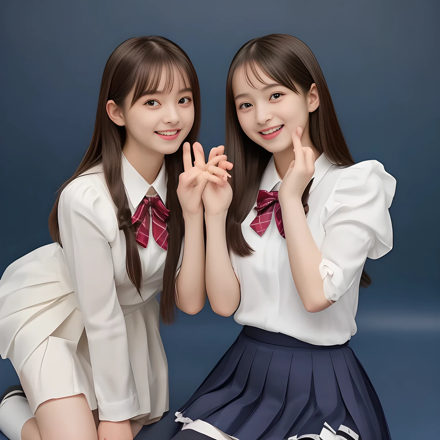 (Highest quality, masterpiece:1.2), Highest quality, High resolution, 1080P, 8k, height: 150cm, (Two yo Japanese beautiful fashion model is seated and grasping one long bottle between them, cute skirt with beautiful knees, putting her hands front and beautiful fingers, looking at the viewer, can't stop showing cute smile open mouth because of feeling too funny about the viewer, very white-white face, very proud of her long straight hair, using face-whitening cosmetics, 12irl's prominent eyes, opened laughing giggling most open mouth, too expensive luxurious glossy feminine frilled ivory silk blouse, woolen navy-checkered-pleats-school-skirt and bewitching ribbon on the breast, well-straitened super-super-long well-trimmed long hair: 1.5), (white thighs and knees: 1.7), (Well-balanced, prominent, lovely, drooping, double-eyelids, brown shiny large prominent eyes of 12yo il with detailed: 1.5), ((Beautiful well-figured glossy opened laughing lips: 1.2)), (mature breast), (Girl whom everyone loves because of her beauty and beautiful eyes and lovely fashion and noble manner), (Very beautiful, super-glossy, cute neat black amazingly long hair, straight well-done long hair-style: 1.3), (Drives me crazy for her glossy neat long hair and make me fall into love), (plain blue background: 1.6), (Best style like a 14yo fason model, mature breast), (((Completely balanced beautiful big big eyes, looking at me))), (eyes, face and hair are especially beautifully detailed and beautifully drawn: 1.5), (Satisfactory best shot by professional famous photographer for school girl's beauty: 1.5), (The soft white light clearly shows her face extremely white: 1.2), (Feel too luxurious and expensive, girly frilled), (KANKO uniform, Twins, A pair of cute slender 14yo girls, Super long hair 14yo beautiful super-cute 14yo idol of girl photo magazine in Japan are grasping one bottle together by hands: 2.0)