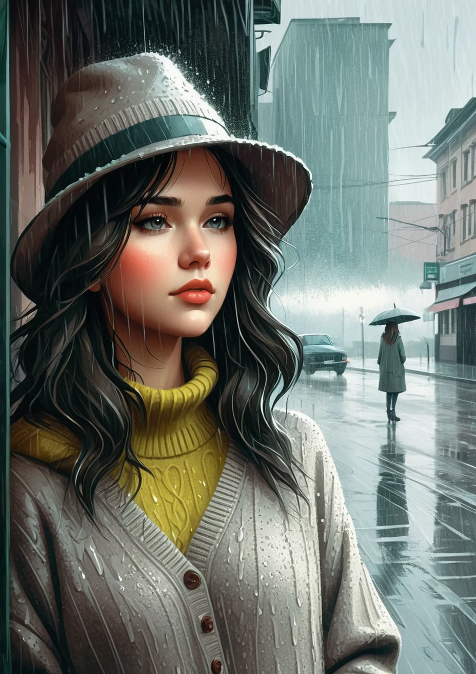 there is a woman wearing a hat and sweater standing in the rain, in style of digital illustration, style digital painting, in the art style of bowater, in style of digital painting, inspired by Grigoriy Myasoyedov, urban girl fanart, inspired by andrey ryabovichev, style ivan talavera and artgerm, vector style drawing