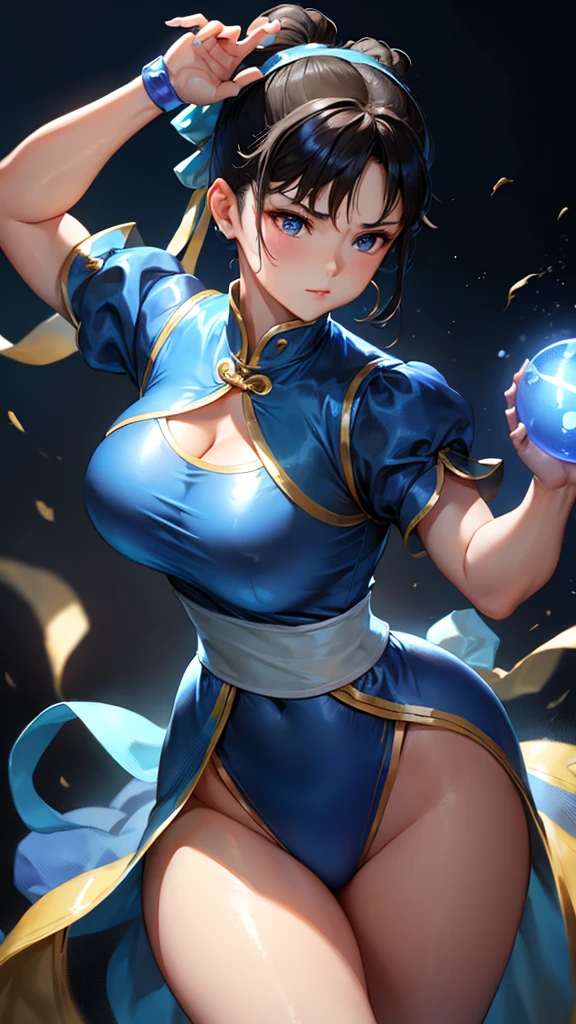 Chunli、Chunli、 blue costume、 put both hands forward、A glowing ball comes out of the palm of your hand