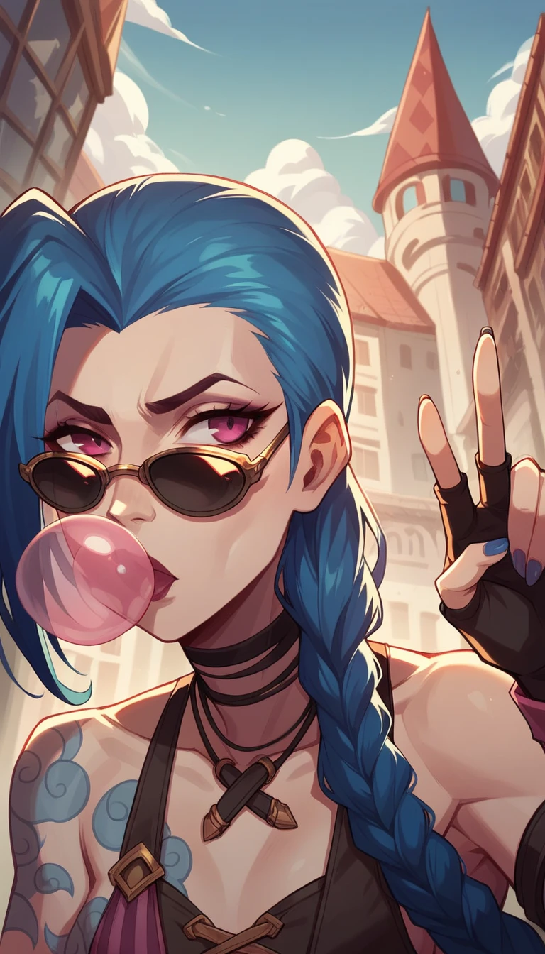 jinx from league of legends, wearing sunglasses while her hand showing the peace hand sign, walking casually away from the huge explosion in the building behind her. she has a long twin braid, and a bubble gum in her mouth. dutch camera angle, close up, with the composition of the image should be intense with the color of the explosion and the light it emits. the building looks like a building with european architecture in a fantasy setting.