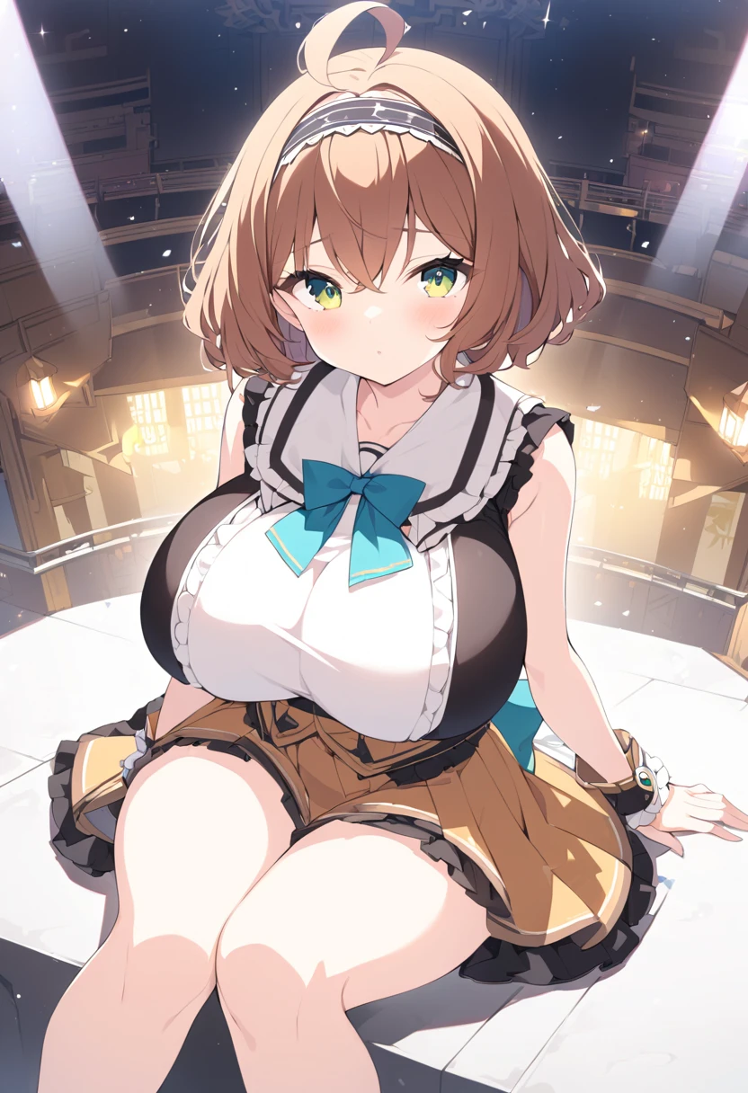  huge breasts， looking at the camera，Bare legs，Thighs，tits, brown HAIR, knees，Ahoge,  short hair,  yellow eyes, brown , headband,  big breasts at the temple, Live Stage, Alone,Idol， sitting，椅子に sitting，ベンチに sitting，全身正面を向いて sitting，full body facing front，