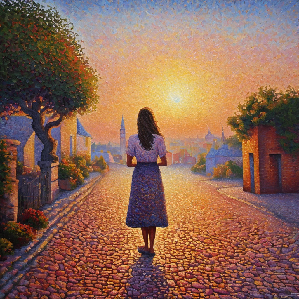 Top quality, detail, pointillism, brushstrokes, cobblestone street corners, beautiful sunset, gentle breeze, one girl blending into the landscape, standing, like a beautiful world somewhere far away, oil painting, masterpiece,