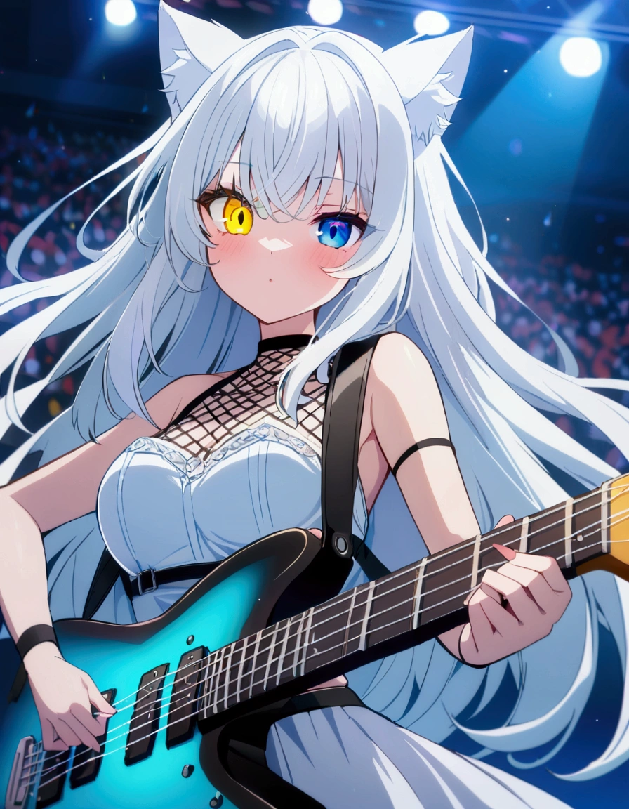 Natural light Japan woman 1 person Beautiful Eyes Are standing Concert Venues Flashy lighting cute microphone Anime Style Strong gaze Playing electric guitar