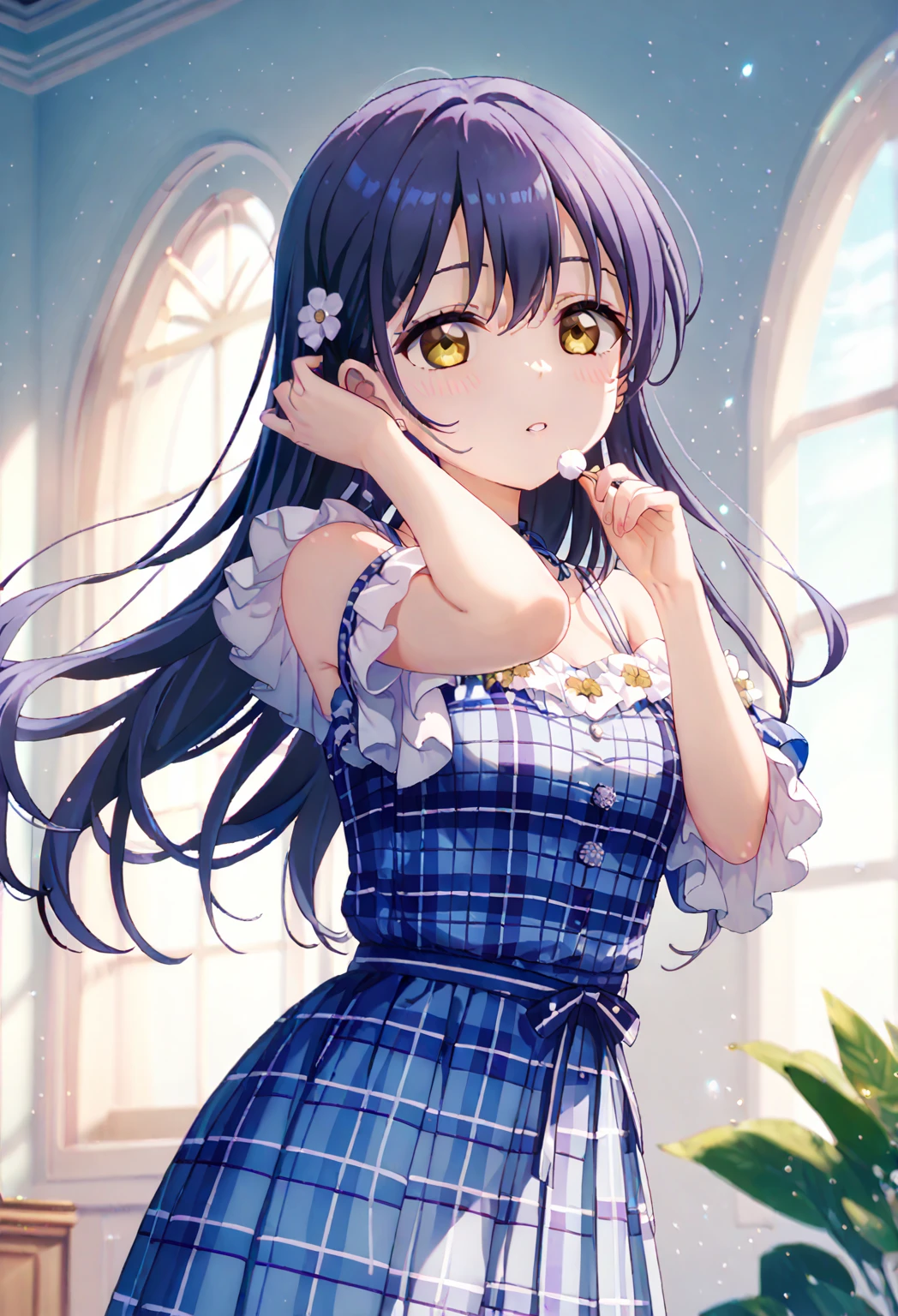 sonoda umi(lovelive),blue long hair,yellow eyes,blue plaid dress,id_umi_sonoda