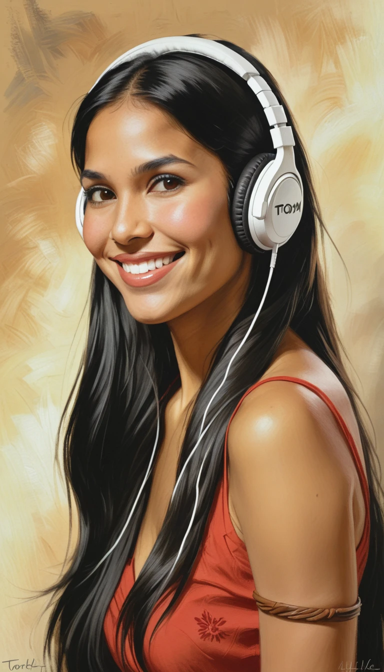  Half-length portrait of beautiful indigenous Brazilian woman, long straight black hair, photo side view,   brown eyes ,  full lips , smile,hand on chin, tom pastel,  oil painting, headphones, neckline red dress ,brown and beige,, artistic,  High resolution, detail enhancement, 8k, HD,  best quality ,  high quality,  High resolution, detail enhancement, 8k, HDR, Sharp Focus, Ultra Detailed,  Perfect lighting ,
