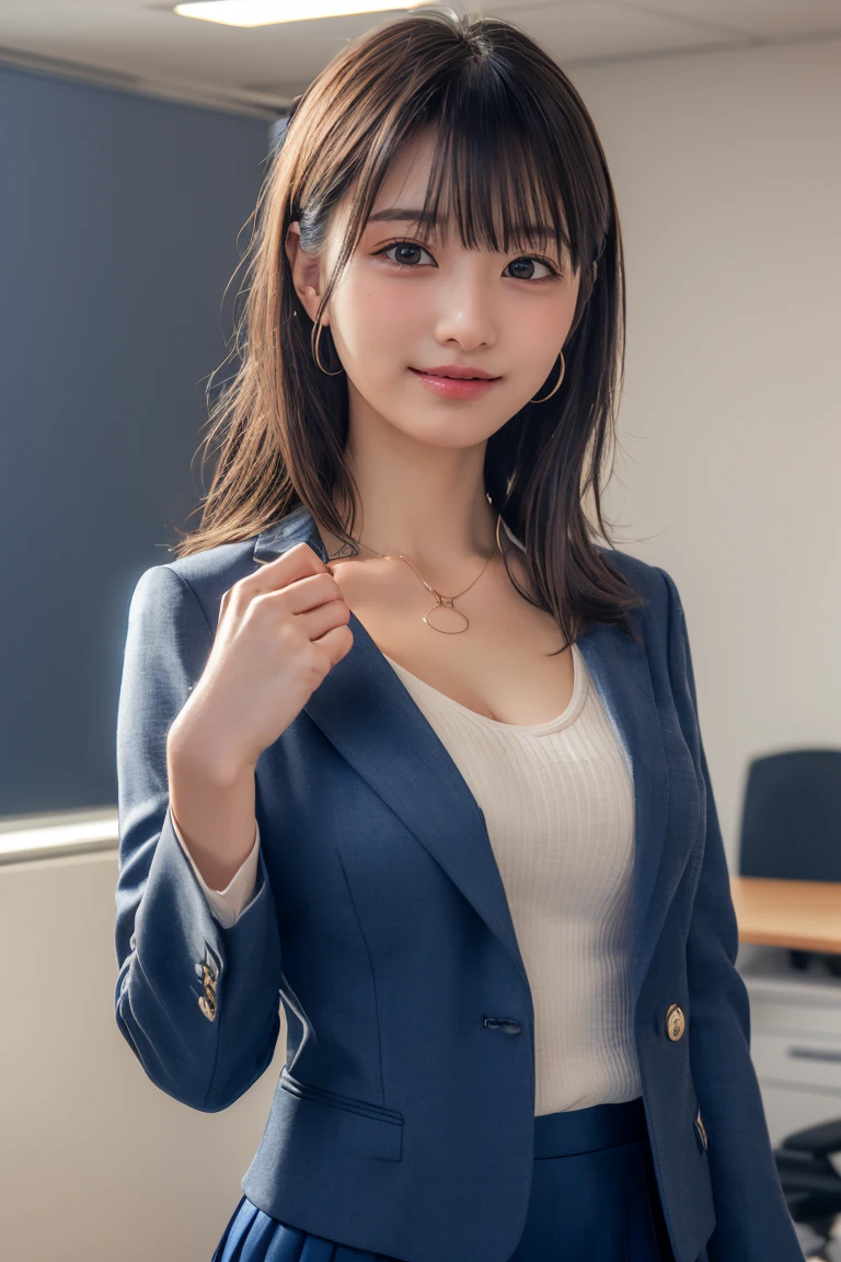 Best-quality, Masterpiece, Ultra-High-Resolution, (Photorealistic:1.4), Raw-Photo, Extremely-Detailed, Perfect-Anatomy,
1girl, 18-years-old, the famous Japanese idol, front view, sitting on luxury chair, innocent smile, (((spread legs))), (((hands on head))), (((wearing only navy-blue-pleated-skirt on lower-body, wearing only navy-blue-blazer on upper-body))), ((extremely cute face like a most popular Japanese idol, extremely beautiful large-black-solid-circle-eyes, extremely beautiful blonde short-cut-haired)), extremely beautiful lips, extremely beautiful white skins, extremely beautiful long-eyelashes, extremely beautiful inner-thighs, extremely beautiful legs,Super huge breasts,Cleavage