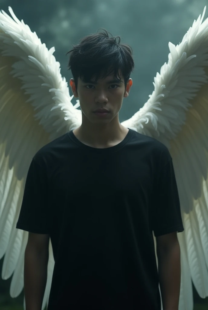 angel boy age 16 shirtless sexiest abs plumpy lips, sexiext Nipples with 4 cm diameter , with 4 big black wings,White skin, White Gradation silver