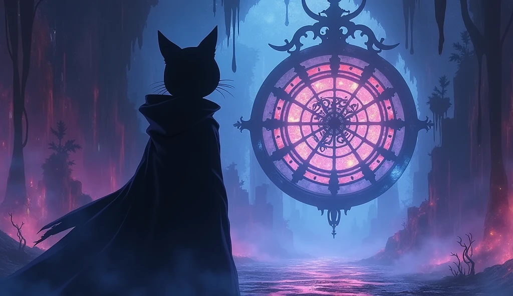 Anime scene of a cat in a cape standing in front of a clock, dreamy psychedelic anime, in style of cytus and deemo, videogame screenshot, screenshot from guro anime, animation still screencap, video game screenshot, cutscene footage, screenshot from the anime film, game screenshot, cinematics, game screenshot, still from tv anime