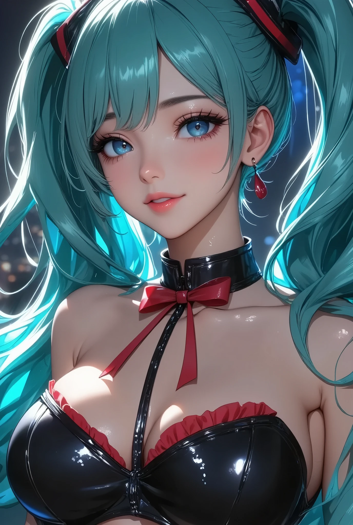  Hatsune Miku,  Virtual Idol,  Women with Impressive Beautiful Eyes :1.2,  beautiful eye for detail, Beautiful Detailed Lips ,  highly detailed eyes and faces,  long eyelashes , (((Long Turquoise Hair , Ultra long twin tails in a high position , red and black hair accessories:1.4, ( cute expression , smile,  and open your mouth wide, (( black latex idol costume :1.6,  off-shoulder , Split collar ,  red ribbon, Cropped tops:1.2)),  live music stage background with every detail, ((Full Body View:2, Dance Motion)),  Detailed lighting and shadows ,  photorealistic, 8k,  Hi-Res, masterpiece:1.4,  bright colors , Colorful stage lighting.