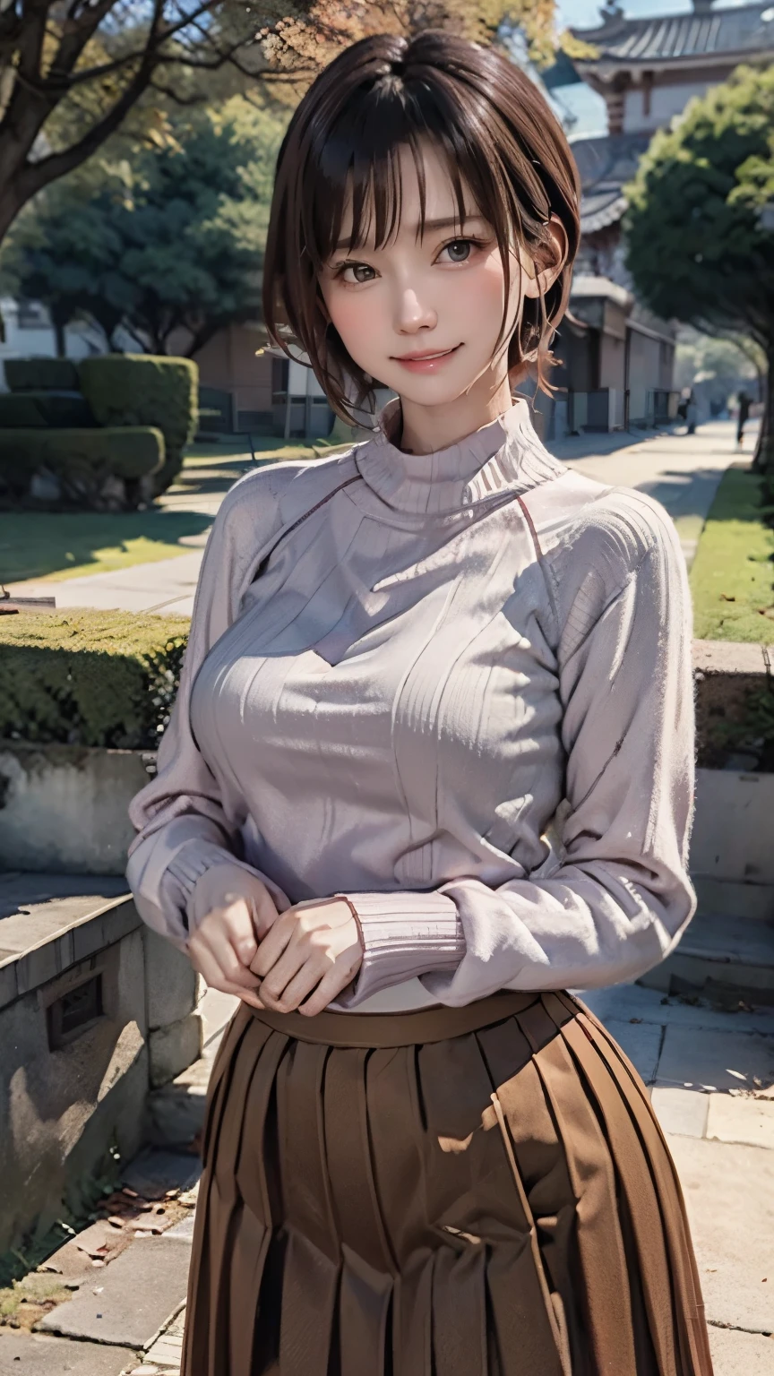 One woman standing,  mature woman , /( Ribbed sweater/) /( red pleated skirt/), /(Brown Hair/) bangs,  Gentle Blushing Smile , ( greatest masterpiece highest quality :1.2)  Delicate Ultra Detailed Illustrations,  big breasts at the temple, Lower your arms BREAK /(Outdoors in the park/) Brick Road, Autumn leaves on a tree々,  detailed background ,choker,election nipples