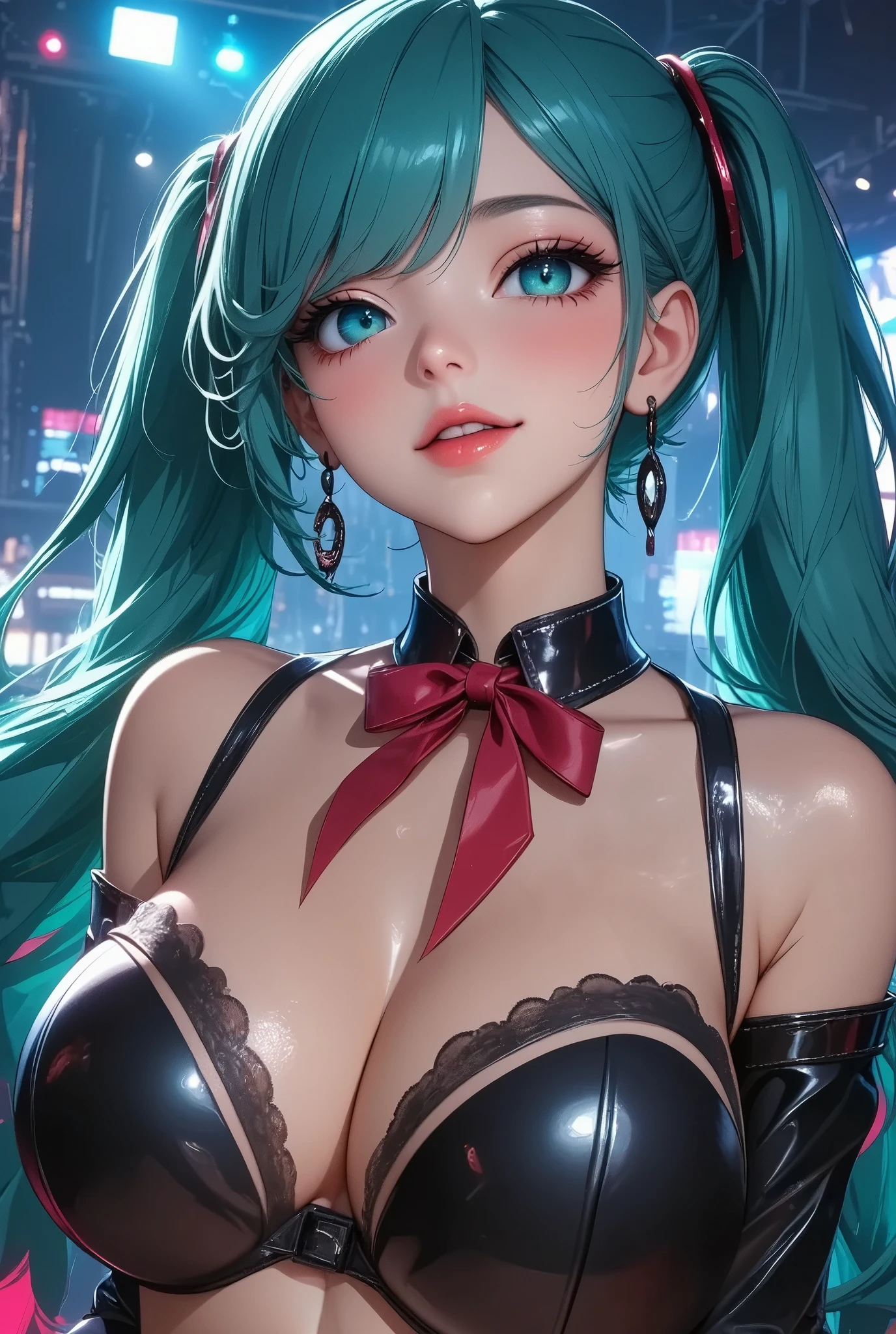  Hatsune Miku,  Virtual Idol,  Women with Impressive Beautiful Eyes :1.2,  beautiful eye for detail, Beautiful Detailed Lips ,  highly detailed eyes and faces,  long eyelashes , (((Long Turquoise Hair , Ultra long twin tails in a high position , red and black hair accessories:1.4, ( cute expression , smile,  and open your mouth wide, (( black latex idol costume :1.6,  off-shoulder , Split collar ,  red ribbon, Cropped tops:1.2)),  live music stage background with every detail, ((Full Body View:2, Dance Motion)),  Detailed lighting and shadows ,  photorealistic, 8k,  Hi-Res, masterpiece:1.4,  bright colors , Colorful stage lighting.