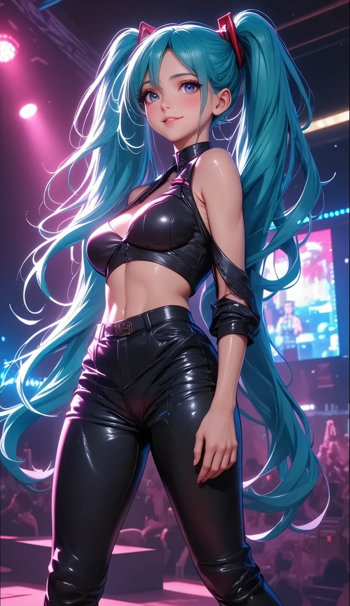  Hatsune Miku,  Virtual Idol,  Women with Impressive Beautiful Eyes :1.2,  beautiful eye for detail, Beautiful Detailed Lips ,  highly detailed eyes and faces,  long eyelashes , (((Long Turquoise Hair , Ultra long twin tails in a high position , red and black hair accessories:1.4, ( cute expression , smile,  and open your mouth wide, (( black latex idol costume :1.6,  off-shoulder , Split collar ,  red ribbon, Cropped tops:1.2)),  live music stage background with every detail, ((Full Body View:2, Dance Motion)), Detailed lighting and shadows ,  photorealistic, 8k,  Hi-Res, masterpiece:1.4,  bright colors , Colorful stage lighting.