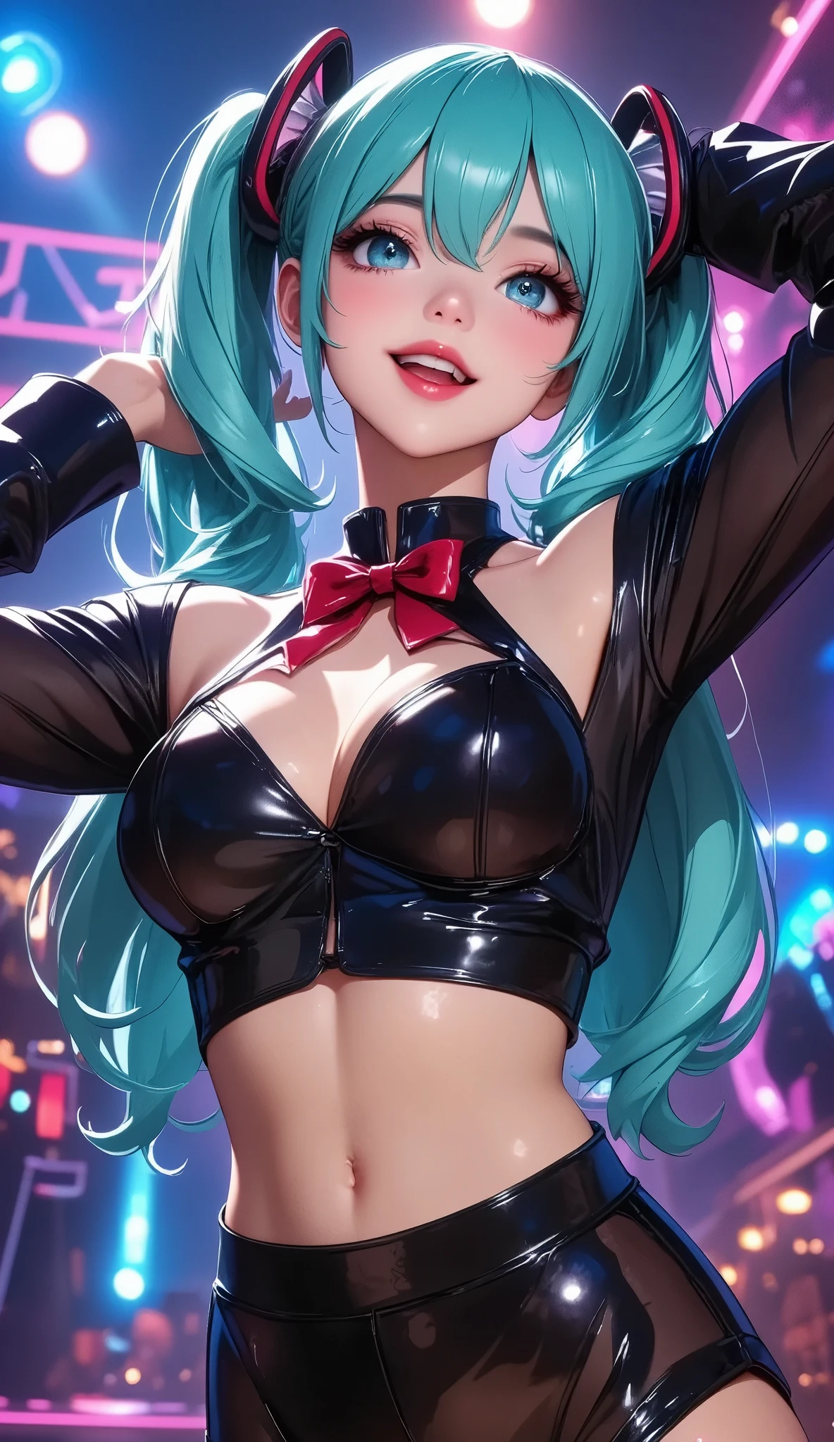  Hatsune Miku,  Virtual Idol,  Women with Impressive Beautiful Eyes :1.2,  beautiful eye for detail, Beautiful Detailed Lips ,  highly detailed eyes and faces,  long eyelashes , (((Long Turquoise Hair , Ultra long twin tails in a high position , red and black hair accessories:1.4, ( cute expression , smile,  and open your mouth wide, (( black latex idol costume :1.6,  off-shoulder , Split collar ,  red ribbon, Cropped tops:1.2)),  live music stage background with every detail, ((Full Body View:2, Dance Motion)), Detailed lighting and shadows ,  photorealistic, 8k,  Hi-Res, masterpiece:1.4,  bright colors , Colorful stage lighting.