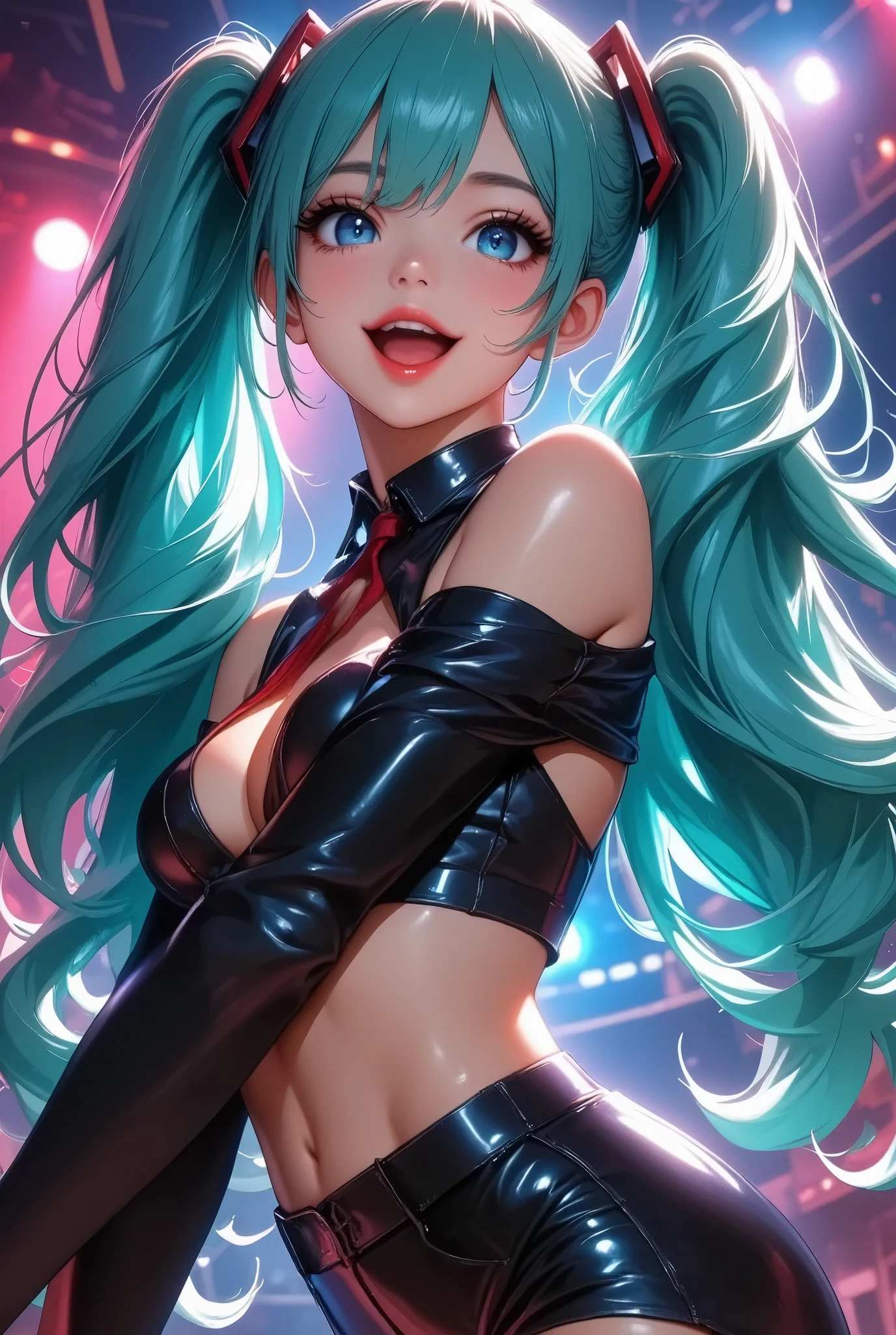  Hatsune Miku,  Virtual Idol,  Women with Impressive Beautiful Eyes :1.2,  beautiful eye for detail, Beautiful Detailed Lips ,  highly detailed eyes and faces,  long eyelashes , (((Long Turquoise Hair , Ultra long twin tails in a high position , red and black hair accessories:1.4, ( cute expression , smile,  and open your mouth wide, (( black latex idol costume :1.6,  off-shoulder , Split collar ,  red ribbon, Cropped tops:1.2)),  live music stage background with every detail, ((Full Body View:2, Dance Motion)), Detailed lighting and shadows ,  photorealistic, 8k,  Hi-Res, masterpiece:1.4,  bright colors , Colorful stage lighting.